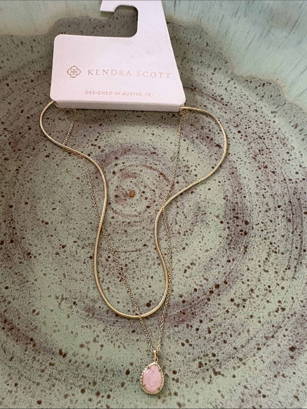 Kendra Scott Gold Layered Necklace with Rose Quartz Teardrop Pendant